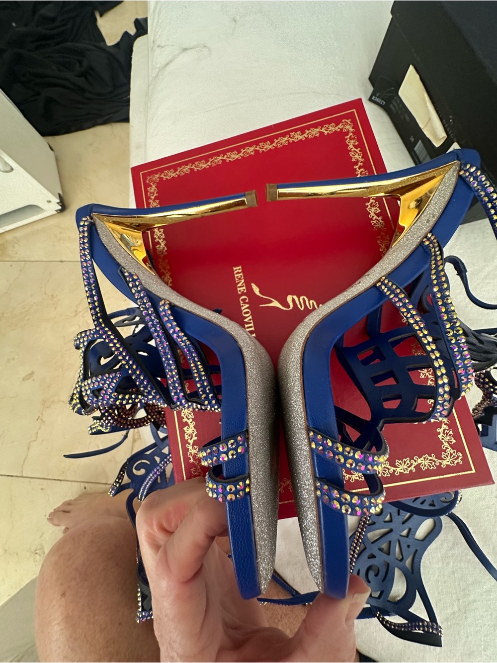 Rene Caovilla Blue Strass knee high gladiator heels NIB 39 heel tips, & dustbag